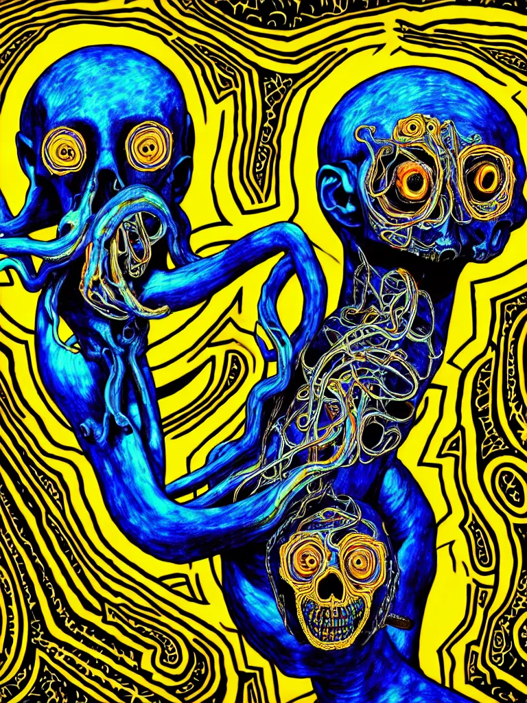 Prompt: a self portrait by the artist kelbv, in distinct hyper detailed style with tubes coming from eyes, and hollowed skull filled with blue and yellow paisley ellipsoids, perfect studio lighting against a backdrop of a still from the movie squid asthma.
