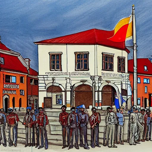 Image similar to the drawing depicts a police station in the lithuanian city of vilnius. in the foreground, a group of policemen are standing in front of the building, while in the background a busy street can be seen. indian by peter sculthorpe dismal