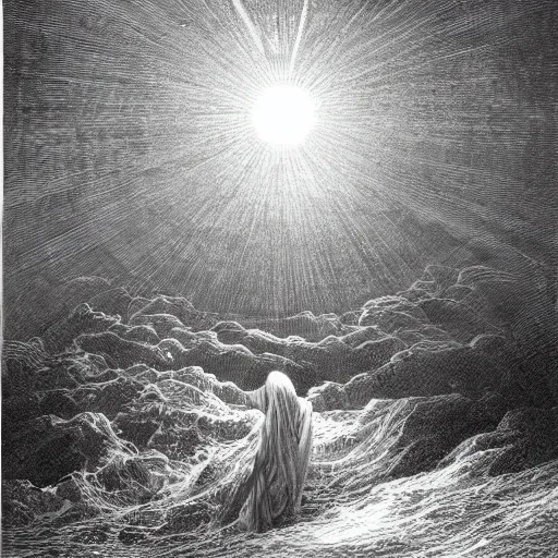 Prompt: in the beginning god created the heavens and the earth. 2 now the earth was formless and empty, darkness was over the surface of the deep, and the spirit of god was hovering over the waters. illustration by gustave dore