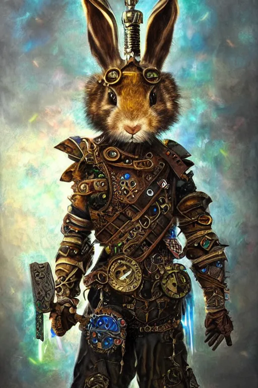 Prompt: ultra realist soft painting of a steampunk rabbit berserker warrior, very intricate details, rainbow lighting, symmetry features