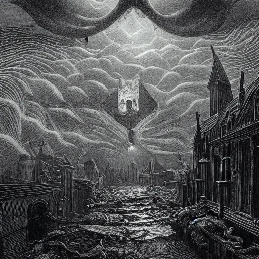 Image similar to Innsmouth, H.P. Lovecraft, dark clouds, dark, eerie, dystopian, city, eldritch, illustration by Gustave Doré