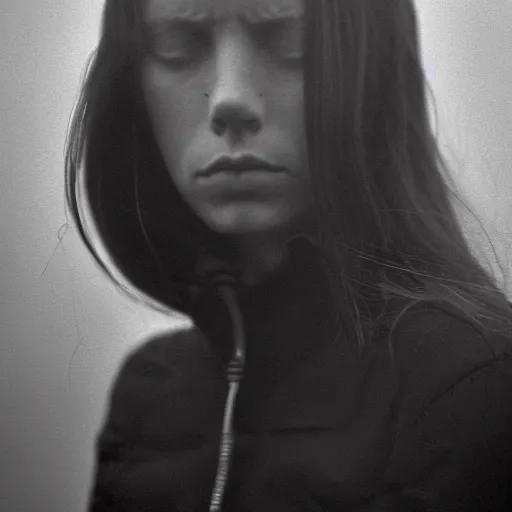 Prompt: award winning photo of some despair as antonioni would depict it, she is 2 3, skinny and beautiful and listens to oathbreaker, she is deaf but still hears photo, black and white, the background is devastated by pollution, insanely detailed, foggy like in norwegian black metal aesthetic