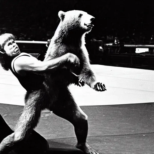 Image similar to maniac john dundee wrestling a bear. madison square garden, 1 9 7 2.