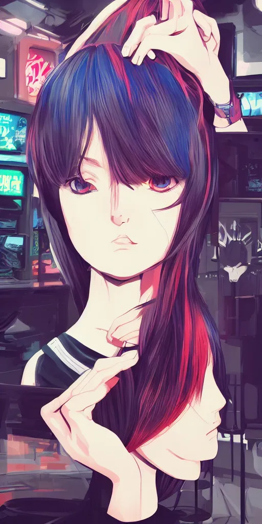Image similar to shirt art, logo graphic design, anime style, realistic lighting, futuristic matte colors, made by ilya kuvshinov, sold on sukebannyc, front portrait of a girl, jpop clothing, sneaker shoes, arcade cabinet in background