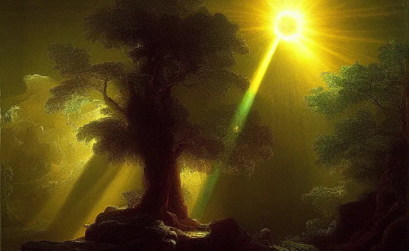 Prompt: a tree of omnious light painted by thomas cole