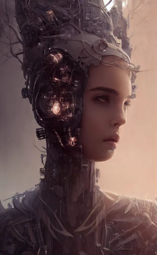 Image similar to a cyborg forest nymph, ana de armas, flawless symmetrical pretty cute face, greg rutkowski, 8 k, shallow depth of field, intricate detail, concept art,