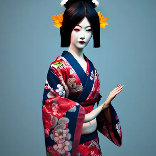 Image similar to an android geisha in a lotus position wearing a flowing kimono and tattoos, octane render, unreal engine, 8 k, cinematic, artwork by ilya kuvshinov