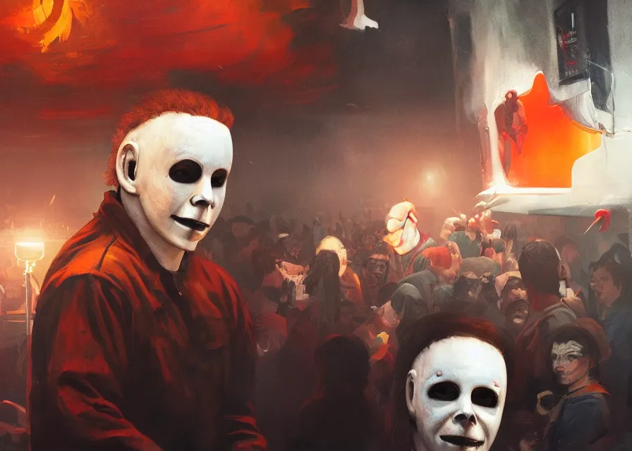 Image similar to painting of Michael Myers having fun at a traveling carnival, sharp focus, face focused, trending on ArtStation, masterpiece, by Greg Rutkowski, by Ross Tran, by Fenghua Zhong, octane, soft render, oil on canvas, high contrast, cinematic