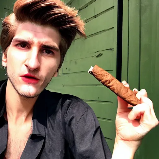 Image similar to a closeup photo of handsome gigachad xqc elrubius smoking a cigar