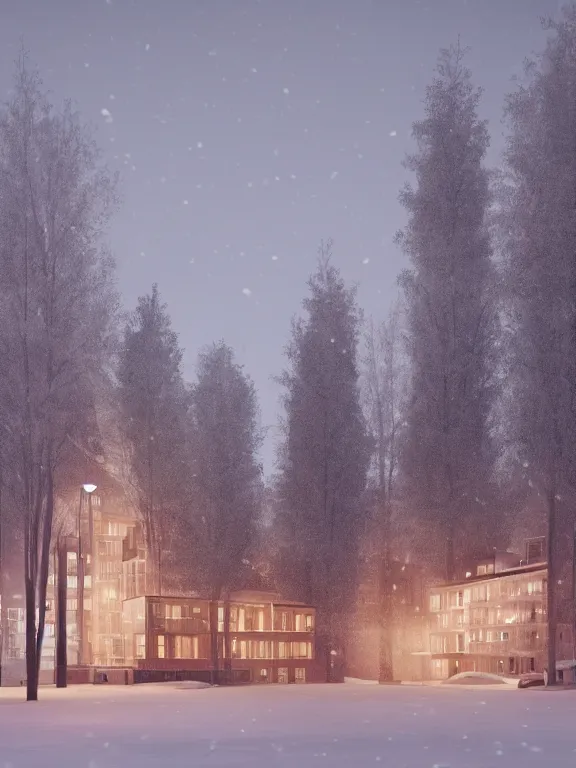 Image similar to film still of tiny soviet residential building, residential suburb area, lights are on in the windows, deep dark night, cozy atmosphere, cold winter, snowing, streetlamps with orange light, volumetric light, several birches nearby, elderly people stand at the entrance to the building, mega detailed, unreal render