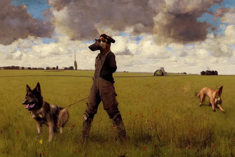 Prompt: farm life portrait of furry anthro anthropomorphic german shepard head animal person fursona wearing clothes farmer on the field in ohio, sunny day, digital art by Nerdrum John, William Waterhouse, Winslow Homer, Alex Heywood, Jordan Grimmer, Darren Quach, Greg Rutkowski, Simon Stalenhag, trending on Artstation, CGSociety