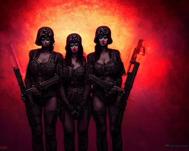 Image similar to three soldiers with beautiful faces, wearing psychedelic wicca, in uniform dresses, red neon weapons, full body, dark and mysterious, atmospheric, ominous, eerie, cinematic light, epic, 8 k 3 d, ultra detail, ultra realistic, by wlop, by mucha, by giger