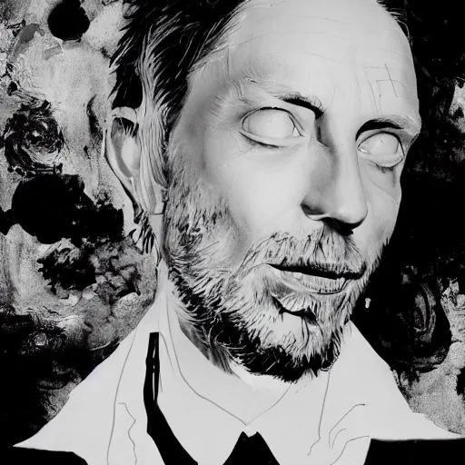 Image similar to Thom Yorke, a man with a beard and a black jacket, a portrait by John E. Berninger, dribble, neo-expressionism, uhd image, studio portrait, 1990s