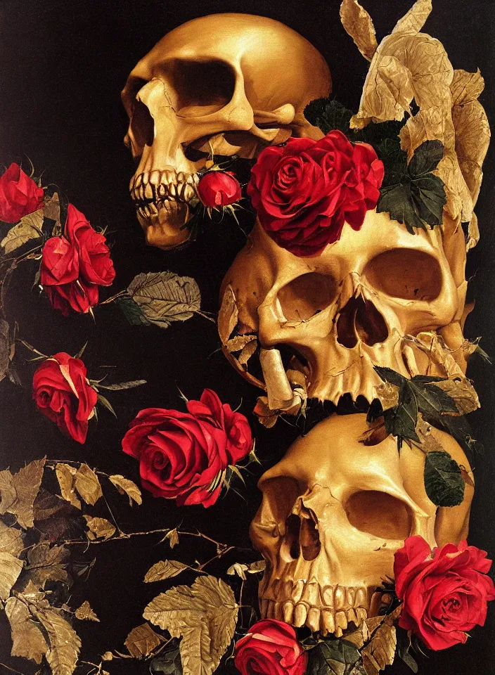 Prompt: portrait of a golden skull with a wreath of roses and a dress of rose petals, oil painting in a renaissance style , very detailed, painted by Caravaggio.