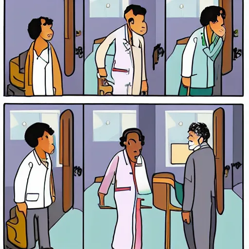 Image similar to a four - panel webcomic strip : a man slams open hospital doors, talks to the receptionist and doctor, and discovers his crying wife in a hospital bed