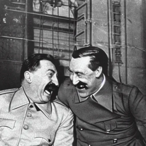 Prompt: stalin laughing along hitler in a ww 2 photograph