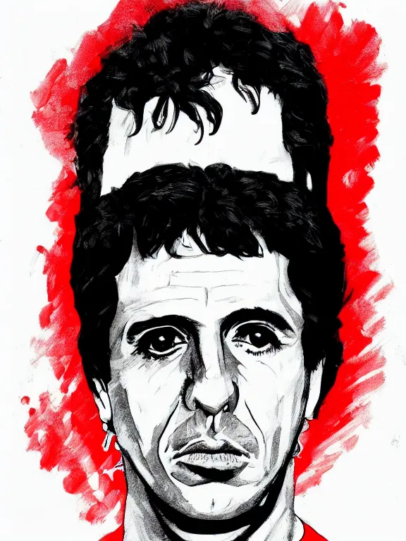 Image similar to headshot portrait. tony montana from movie scarface 1 9 8 3. al pacino, perfect symmetric face, coherent eyes, fine details., 4 k, red and black ink paint