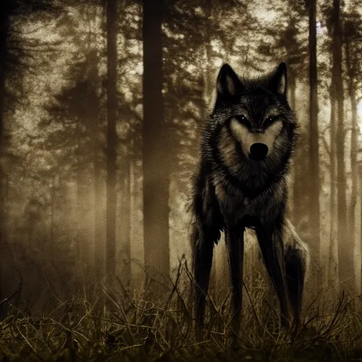 Prompt: werecreature consisting of a wolf and a human, photograph captured in a dark forest