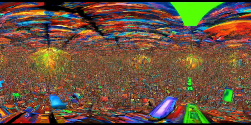 Prompt: streetview equirectangular 360 photo of cinematic shot of DMT entities, colorful, by Andy Thomas, Mario Martinez, Daniel Mirante, Gustave Dore, Artstation, CGsociety, masterpiece