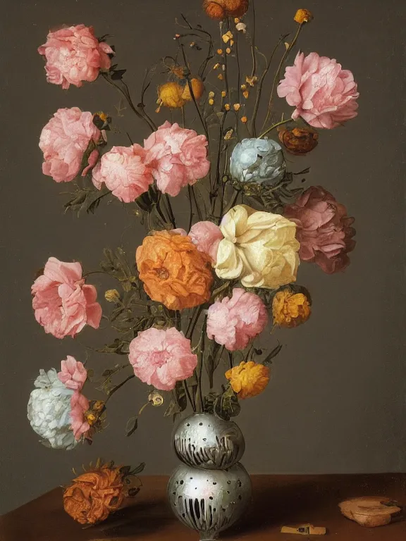 Prompt: little robotic structures that look like Vase of Flowers 1722 Jan van Huysum