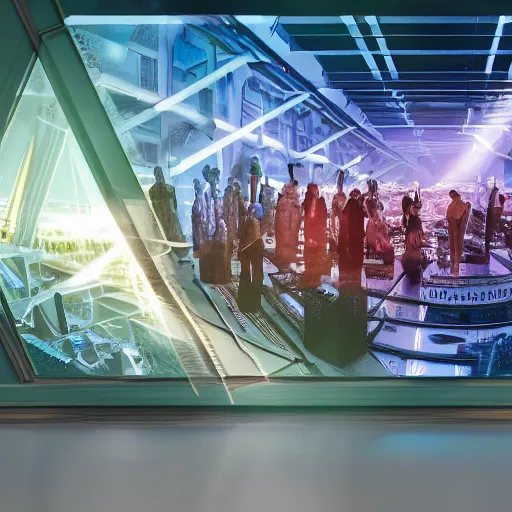 Image similar to large group people in a frame warehouse, looking at hologram of futuristic city on a table, cinematic concept art, godrays, golden hour, natural sunlight, 4 k, clear details, tabletop model buildings, tabletop model, hologram center, crane shot, crane shot, crane shot