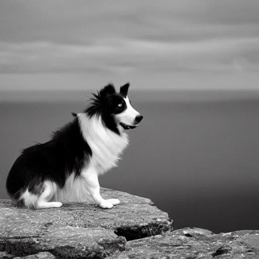 Prompt: a black and white colored Sheltie on a bluff on Isle of Slye. Illustration