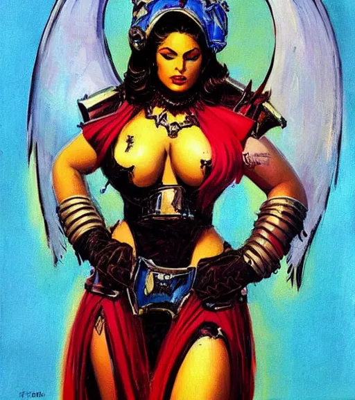 Image similar to portrait of plus size iranian female chaos angel, beautiful! coherent! by frank frazetta, by brom, strong line, vivid neon color, shining metal power armor, iron helm, high contrast, maximalist