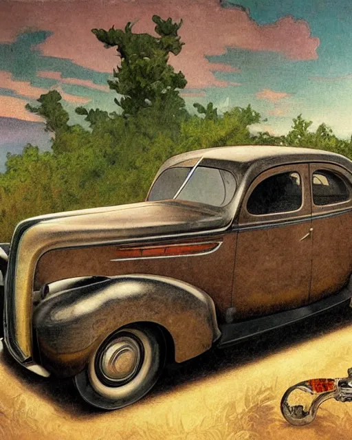 Image similar to medium shot portrait of a prohibition era moonshine runner with detailed features leaning against a 1940 ford coupe, dutch camera view, dirt, Appalachian mountains, sharp focus, illustration, highly detailed, oil painting, matte, art by Greg Rutkowski and Alphonse Mucha, masterpiece