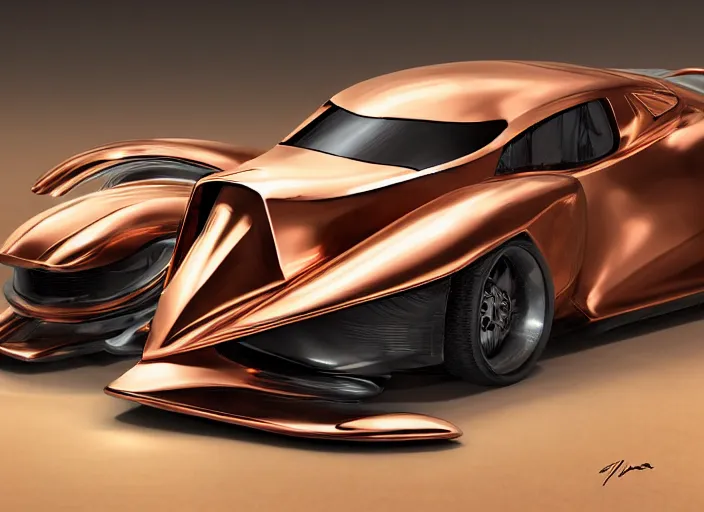 Image similar to an automobile with copper paint, in a studio, futuristic, art style by pablo carpio, car design by vergil exner, big engine and big wheels. full view, blank background.