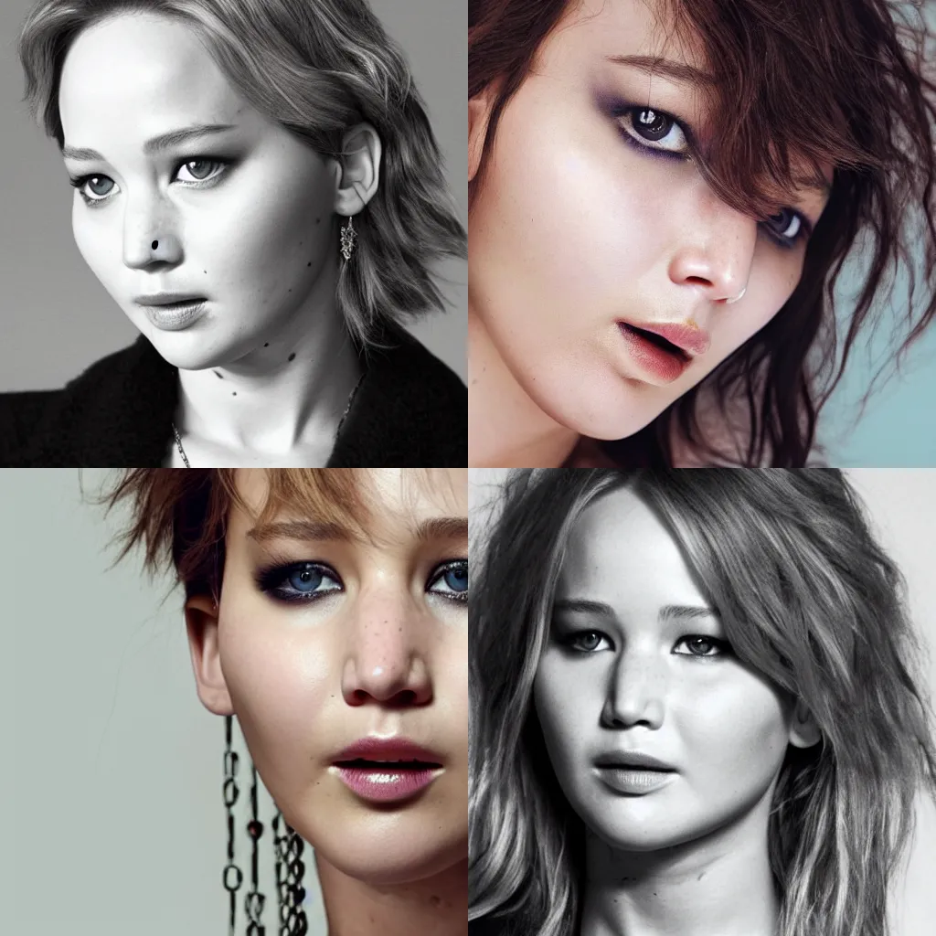 Prompt: Jennifer Lawrence as a korean mode photo shoot close-up