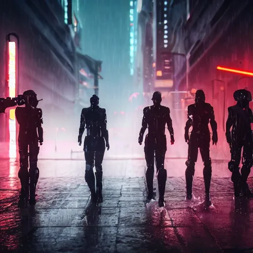 Image similar to cyberpunk robot warriors battling each other in heavy rain, ground fog, moody lighting, 8 k, lightning, shallow depth of field, cinematic lighting,