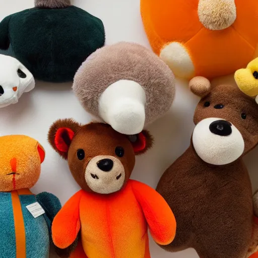 Image similar to a variety of stuffed animals, brown white teal yellow and orange