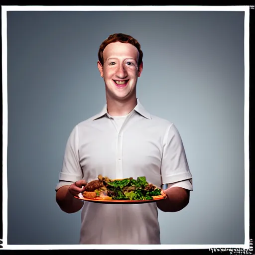 Image similar to Mark Zuckerberg as a restaurant waiter holding a coaster, EOS-1D, f/1.4, ISO 200, 1/160s, 8K, RAW, unedited, symmetrical balance, in-frame, Photoshop, Nvidia, Topaz AI