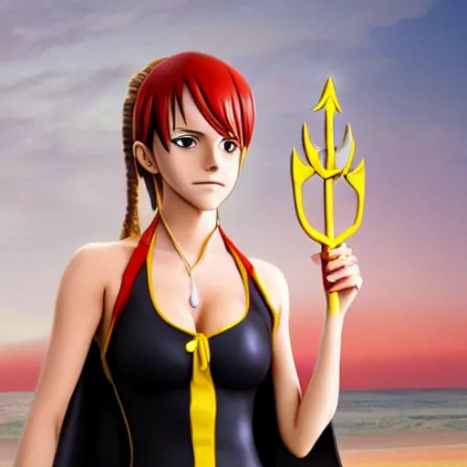 Prompt: emma watson as nami from one piece holding a trident in one hand, award winning photography, cinematic, 50 mm, trending on Twitter