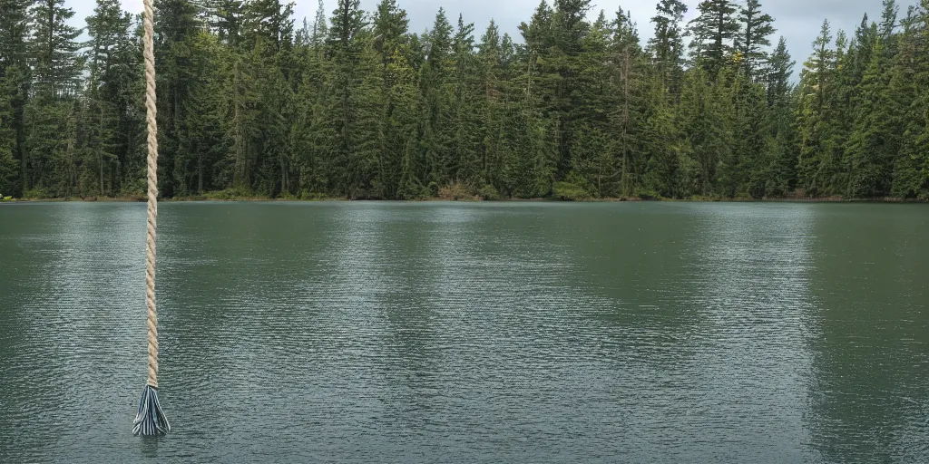 Image similar to color photograph of a very long rope on the surface of the water, the rope is snaking from the foreground stretching out towards the center of the lake, a dark lake on a cloudy day, trees in the background, anamorphic lens