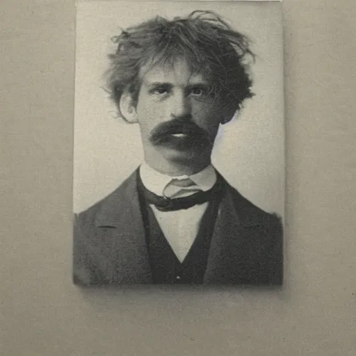 Image similar to A photograph portrait of Jerma985 with crazy hair and a pyramidal mustache in the late 1800s, taken in the late 1800s, 1870s, grainy, taken on a Field View Camera, realistic, hyperrealistic, very realistic, highly detailed, very detailed, extremely detailed, detailed, digital art, trending on artstation