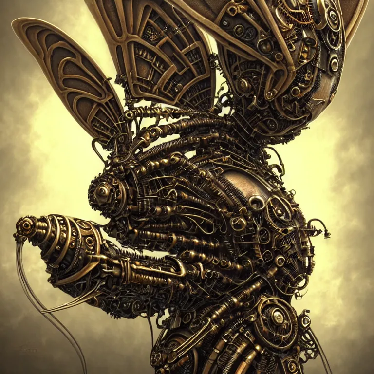Image similar to steampunk cybernetic biomechanical hornet with wings, 3 d model, very coherent symmetrical artwork, unreal engine realistic render, 8 k, micro detail, intricate, elegant, highly detailed, centered, digital painting, artstation, smooth, sharp focus, illustration, artgerm, tomasz alen kopera, wlop