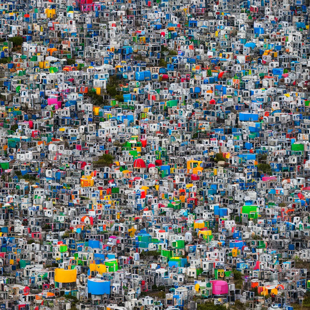 Image similar to a short circular tower, made up of colourful makeshift squatter shacks, vertical blank spaces, dystopia, sony a 7 r 3, f 1 1, fully frontal view, photographed by jeanette hagglund