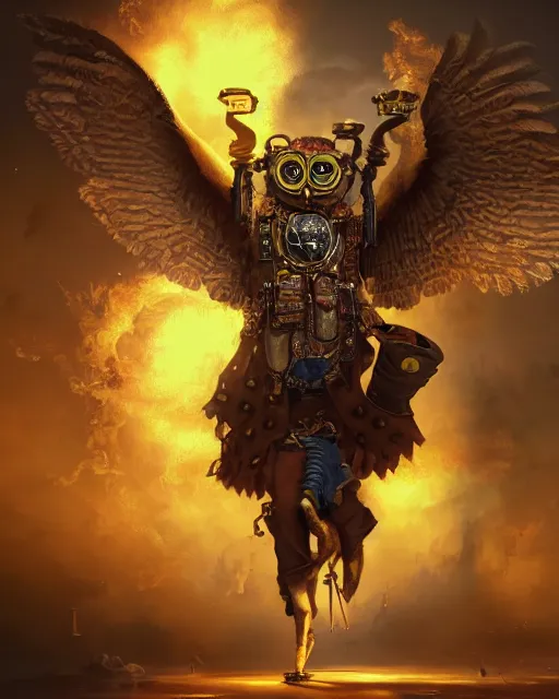 Image similar to oil painting of Anthropomorphized Steampunk Owl shooting steampunk gun, sharp focus, exploding golden steampunk city background, heroic pose, fantasy style, octane render, volumetric lighting, 8k high definition, by greg rutkowski, highly detailed, trending on art Station, magic the gathering artwork, centered, dramatic artwork