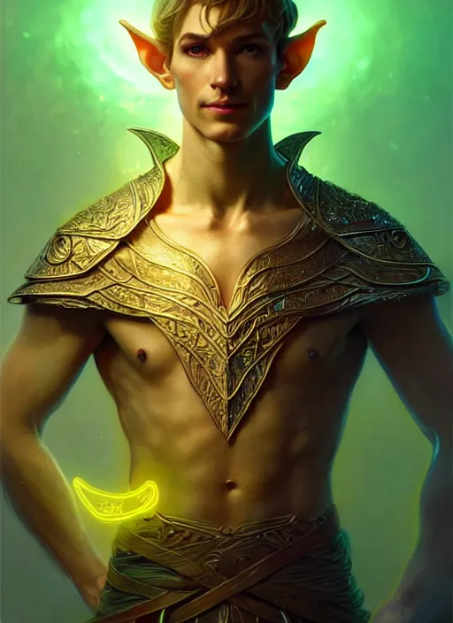 Prompt: meditative elven male adventurer, dnd fantasy character full - body portrait, glowing neon skin, magical aura, ultra realistic, intricate, elegant, highly detailed, digital painting, artstation, smooth, sharp, focus, illustration, art by artgerm and greg rutkowski and alphonse mucha