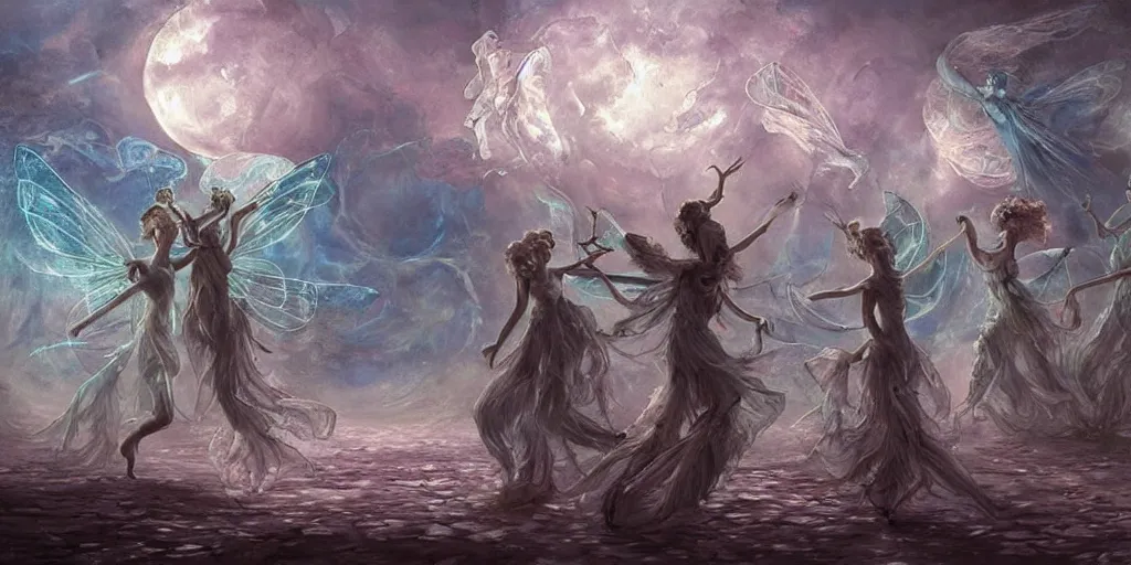 Image similar to concept art of translucent glowing fairies dancing, lovecraftian, renaissance, melting, round moon, rich clouds, fighting the horrors of the unknown, very detailed, volumetric light, mist, fine art, decaying, textured oil over canvas, epic fantasy art, very colorful, ornate intricate scales