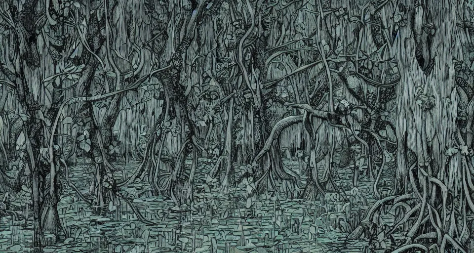 Image similar to A dense and dark enchanted forest with a swamp, by James Jean