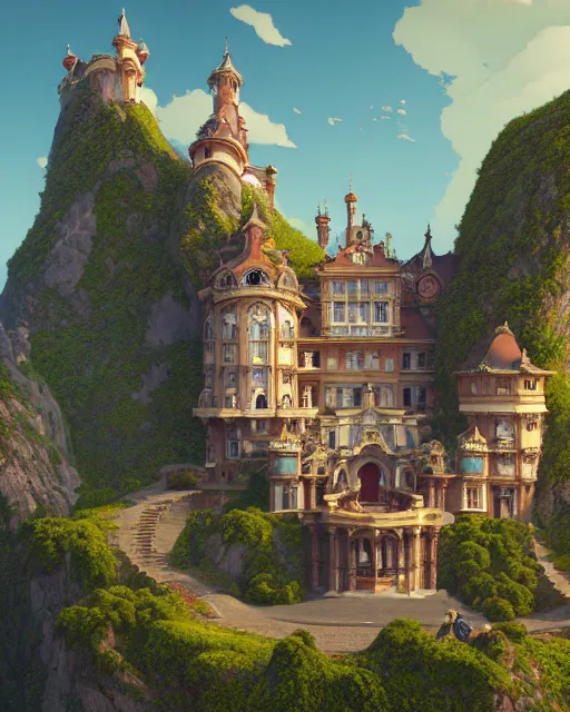 Prompt: Wide Angle Photo of a nouveau rococo architecture Castle in rocky cliffs, cinematic composition, Jaime Jasso, Craig Mullins, wide angle, in the style of hayao miyazaki + brian froud + kim jung gi, studio ghibli, beautiful high detail enhanced 8k render