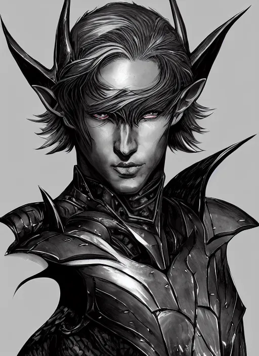 Image similar to Half body portrait of a handsome red haired elven prince in dragon scale armour. In style of Yoji Shinkawa and Hyung-tae Kim, trending on ArtStation, dark fantasy, great composition, concept art, highly detailed.