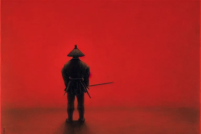 Image similar to only with red, a red samurai do seppuku, tokio, a lot of frogs watch, in the style of beksinski, parts by edward hopper, parts by rodcenko, parts by yue minjun, intricate and epic composition, red by caravaggio, insanely quality, highly detailed, masterpiece, red light, artstation, 4 k