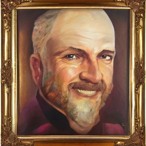 Prompt: portrait of the postal dude, Fine oil painting with golden frame