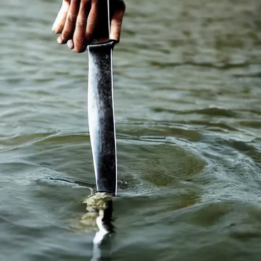 Image similar to still photograph of a hand holding a sword, appearing out of water