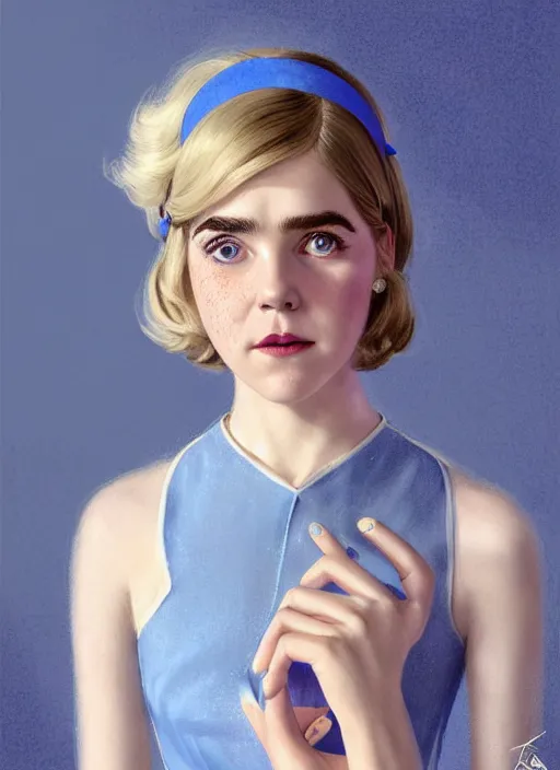 Image similar to portrait of kiernan shipka with freckles, white hair, 1 9 6 0 s bob hairstyle with bangs and hairband, blue 1 9 6 0 s dress, intricate, elegant, glowing lights, highly detailed, digital painting, artstation, concept art, smooth, sharp focus, illustration, art by wlop, mars ravelo and greg rutkowski