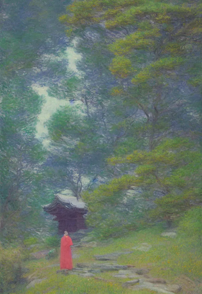 Image similar to tiny character in front of a huge japanese temple in the mountain. gorgeous epic nature, lofi, vivid colors, amazing light, by jeremy lipkin, by claude monet, heavily inspired by makoto shinkai, kandinsky touches, masterpiece, multiple brush strokes, impressionist style. divine