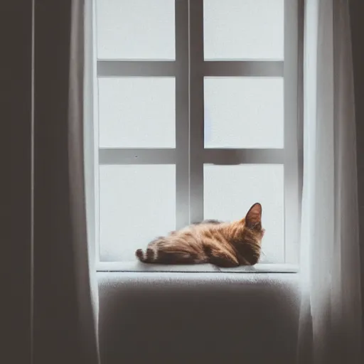 Prompt: a photo of a cat on it's side sleeping on a bed by a window with light coming in